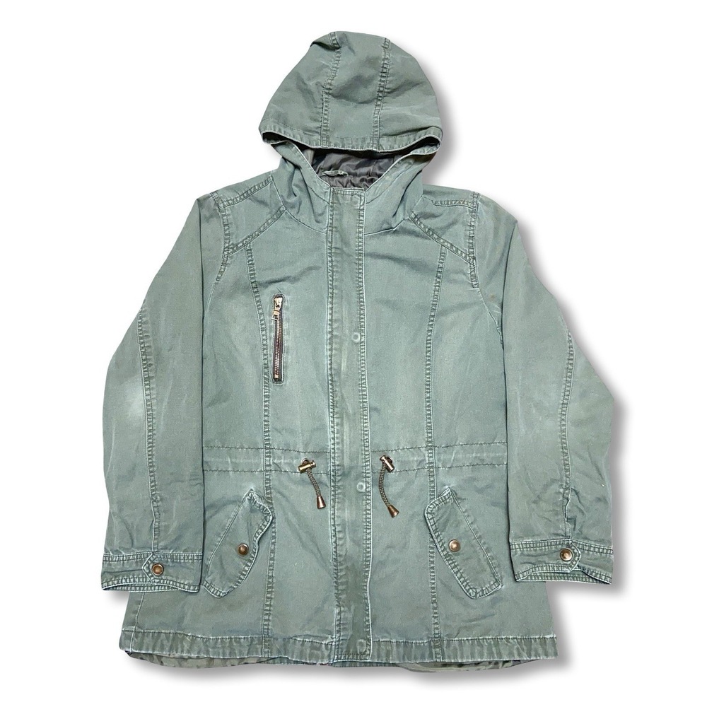 Miss London Black Label Jacket Women's XL Green Denim Style Hooded Lined Pockets